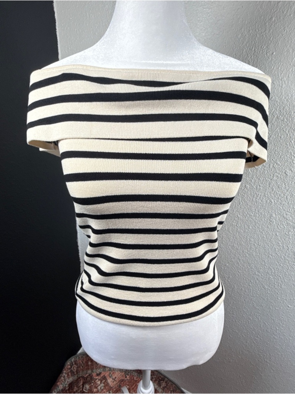Zara Cream and Black Off-the-Shoulder Striped Sweater